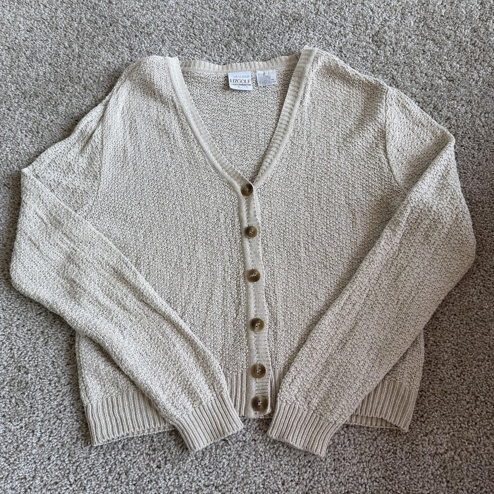 Liz Claiborne Cardigan Sweater Womens M White Linen Button V Neck Long Sleeve